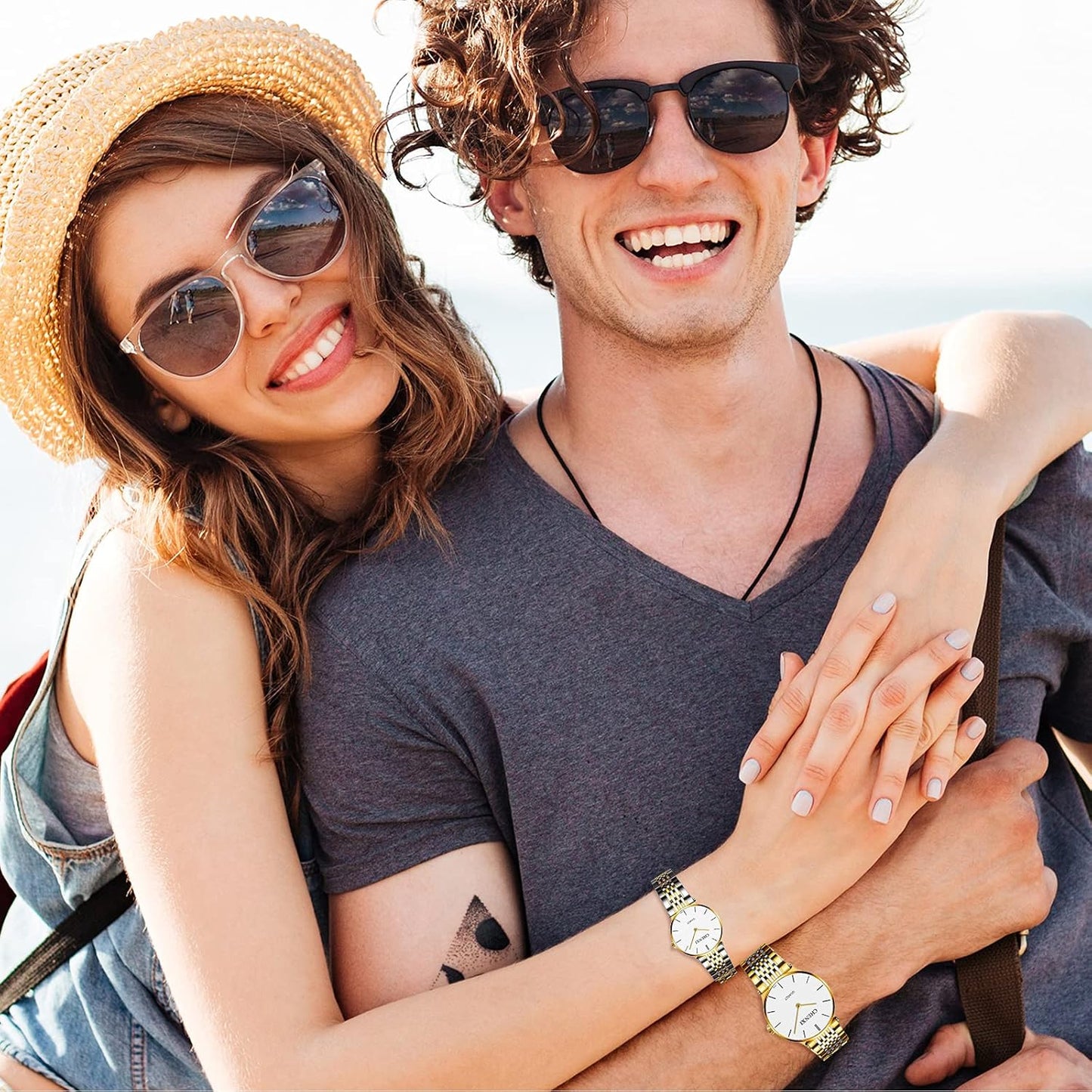 Jewelrywe Montre Homme Femme À Quartz - Montre Couple Extra-Plate Avec Bracelet En Acier Inoxydable Bicolore & Cadran Simple Classique De L'Échelle À Barres Blanc