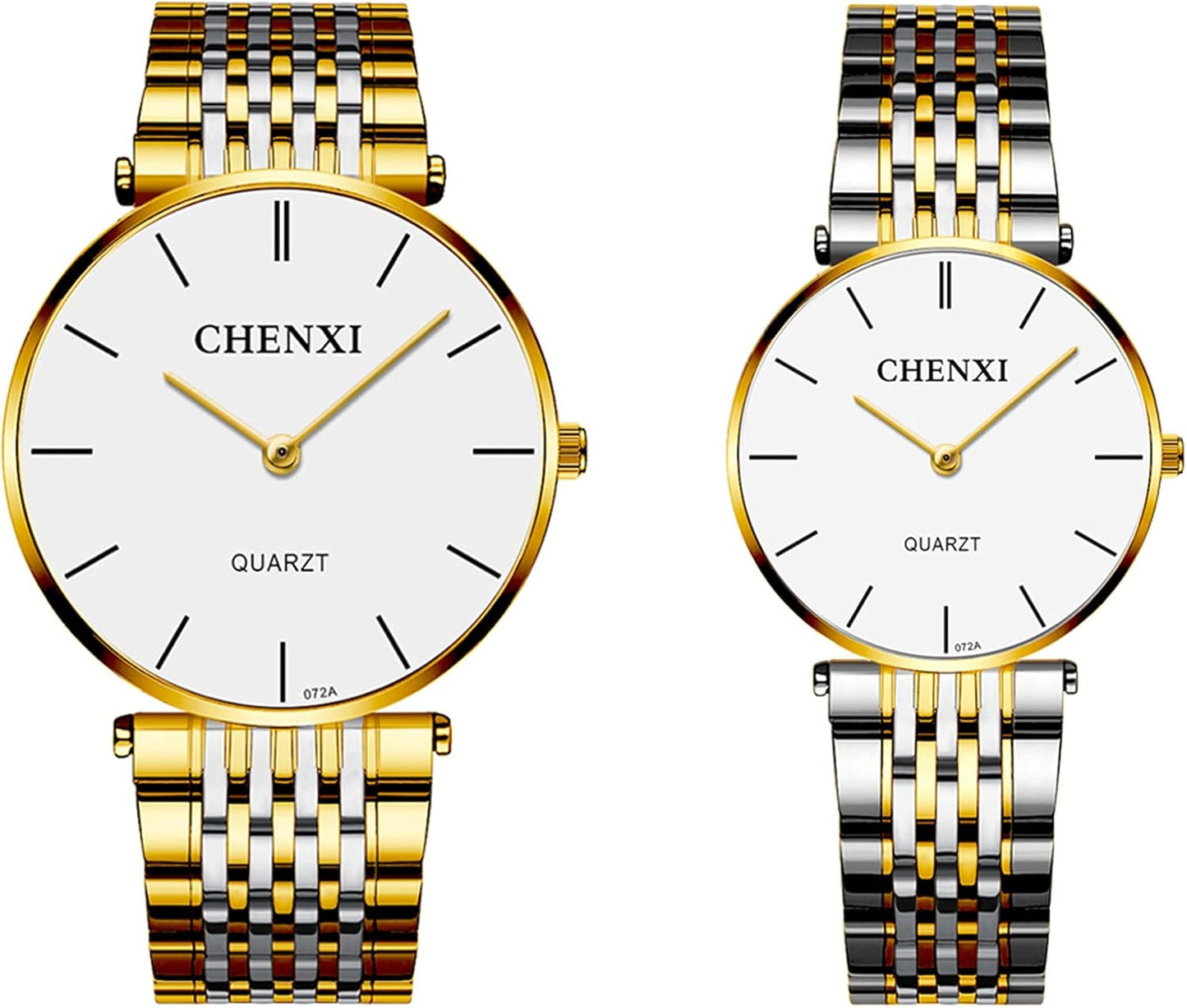 Jewelrywe Montre Homme Femme À Quartz - Montre Couple Extra-Plate Avec Bracelet En Acier Inoxydable Bicolore & Cadran Simple Classique De L'Échelle À Barres Blanc