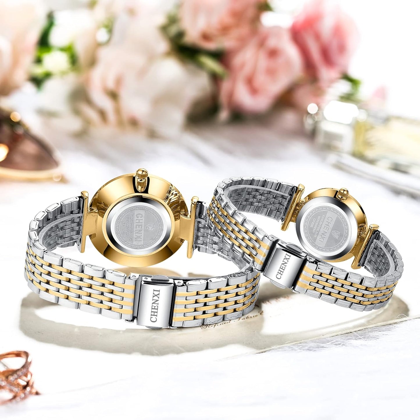 Jewelrywe Montre Homme Femme À Quartz - Montre Couple Extra-Plate Avec Bracelet En Acier Inoxydable Bicolore & Cadran Simple Classique De L'Échelle À Barres Blanc