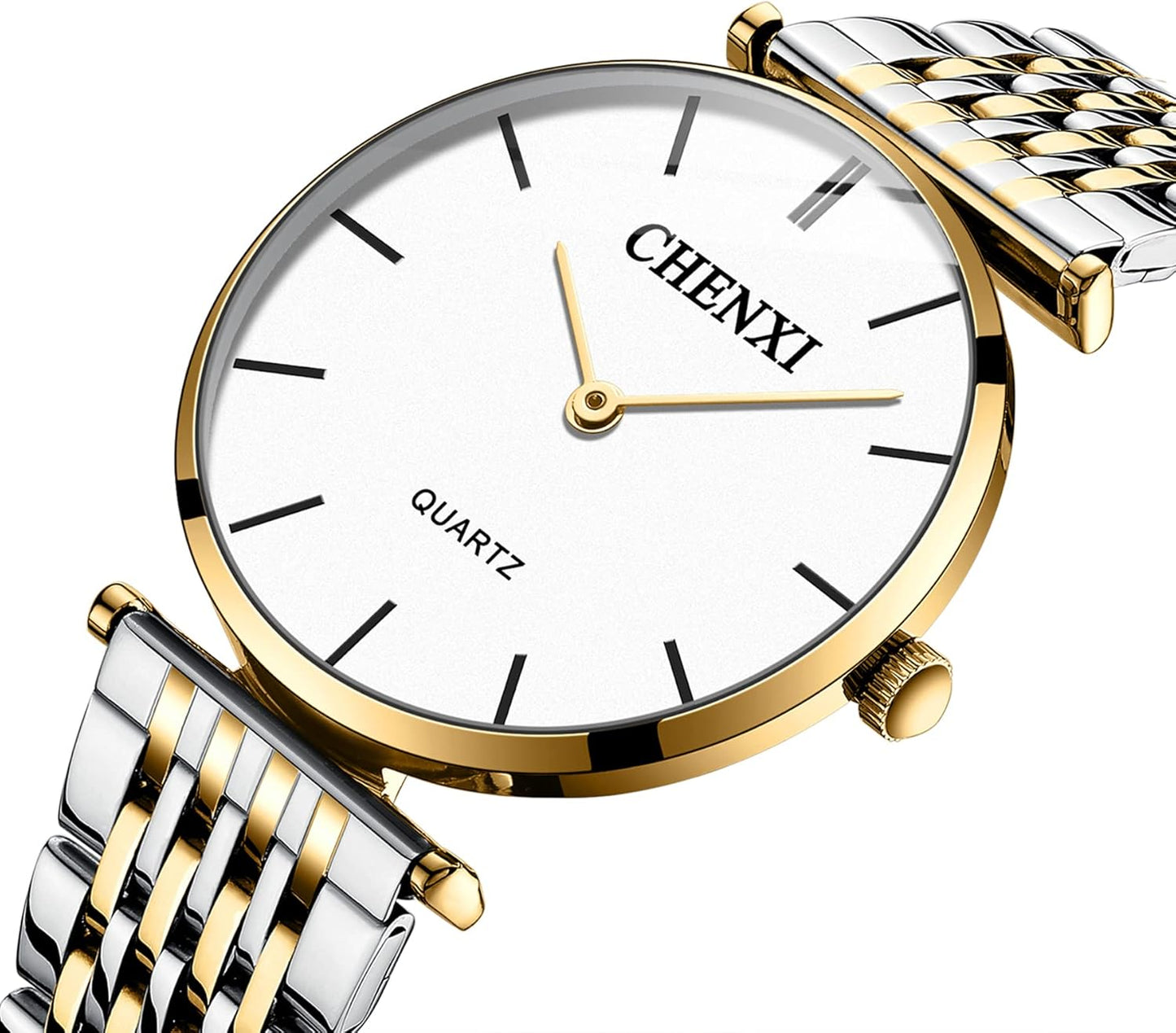 Jewelrywe Montre Homme Femme À Quartz - Montre Couple Extra-Plate Avec Bracelet En Acier Inoxydable Bicolore & Cadran Simple Classique De L'Échelle À Barres Blanc