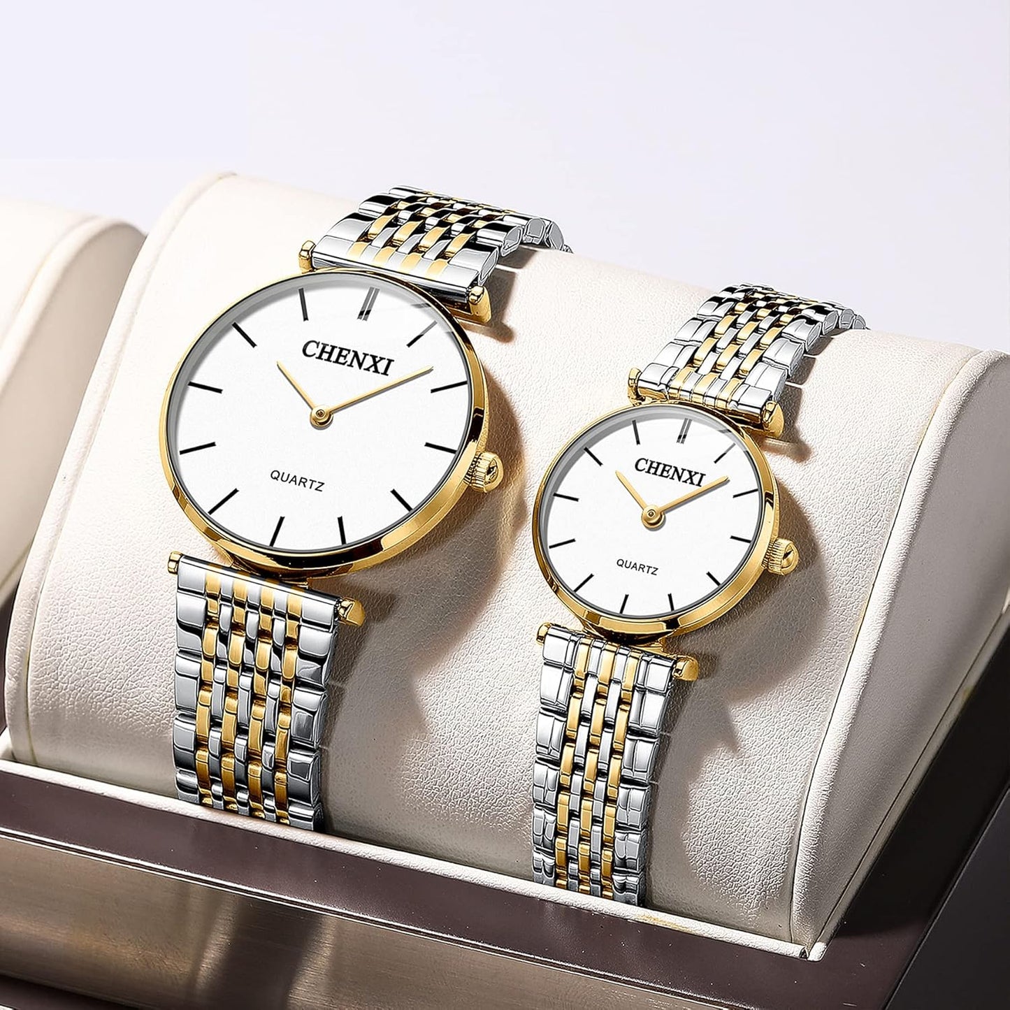 Jewelrywe Montre Homme Femme À Quartz - Montre Couple Extra-Plate Avec Bracelet En Acier Inoxydable Bicolore & Cadran Simple Classique De L'Échelle À Barres Blanc