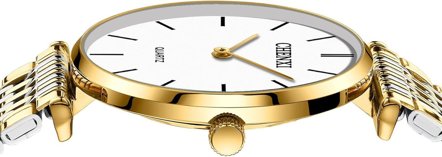 Jewelrywe Montre Homme Femme À Quartz - Montre Couple Extra-Plate Avec Bracelet En Acier Inoxydable Bicolore & Cadran Simple Classique De L'Échelle À Barres Blanc