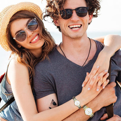 Jewelrywe Montre Homme Femme À Quartz - Montre Couple Extra-Plate Avec Bracelet En Acier Inoxydable Bicolore & Cadran Simple Classique De L'Échelle À Barres Blanc