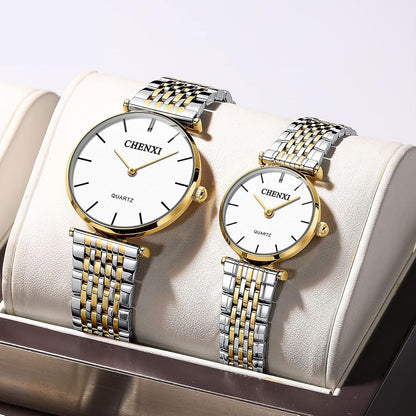 Jewelrywe Montre Homme Femme À Quartz - Montre Couple Extra-Plate Avec Bracelet En Acier Inoxydable Bicolore & Cadran Simple Classique De L'Échelle À Barres Blanc